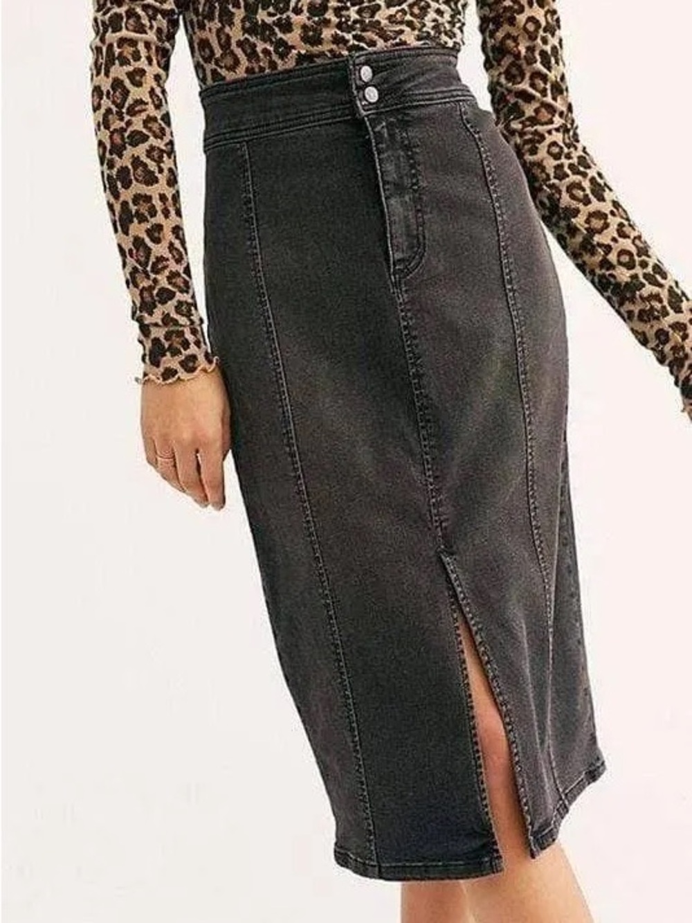 Charcoal High-Waist Denim Midi Skirt with Front Slit